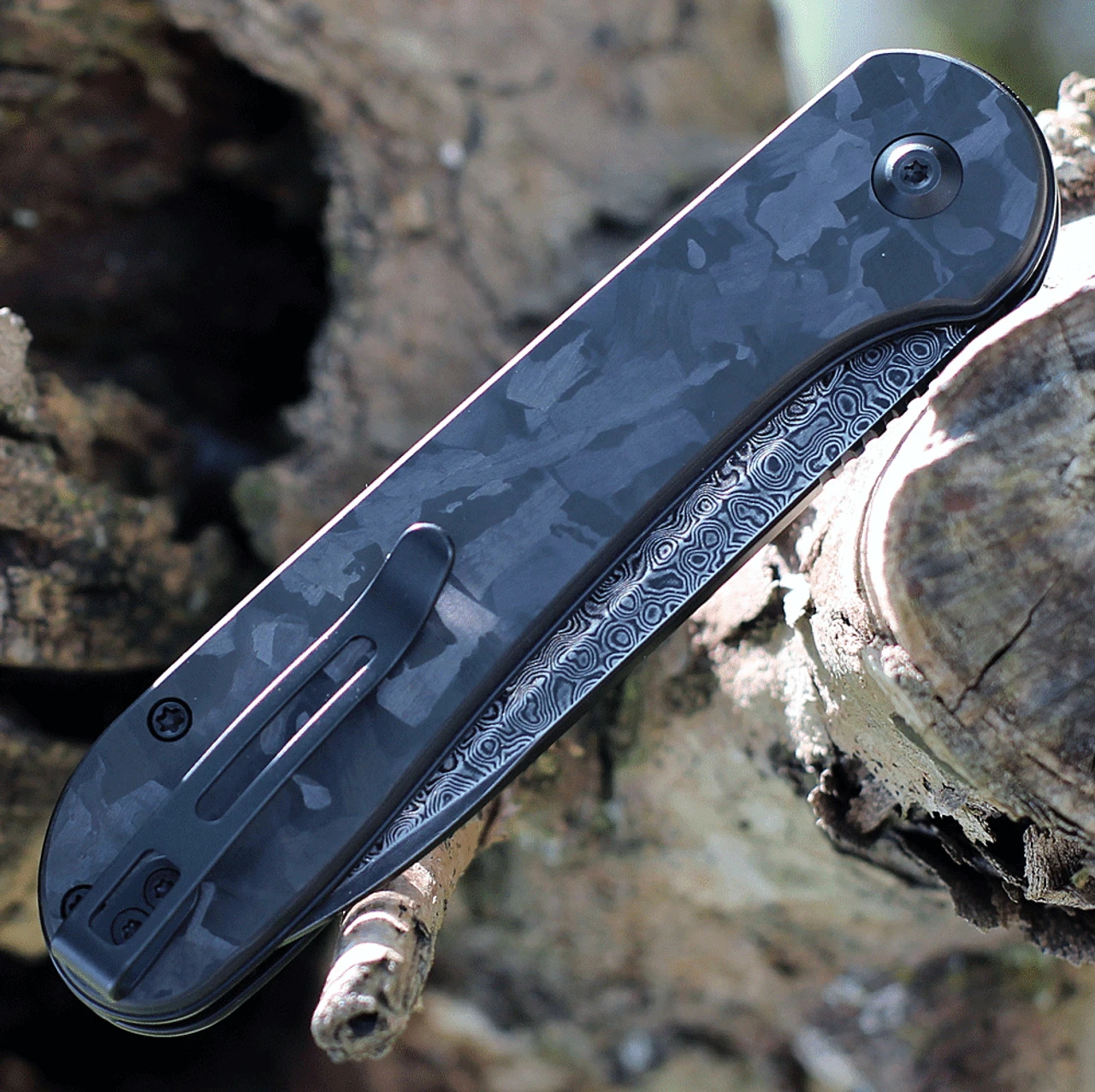 CIVIVI Button Lock Elementum-Blk Marble CF (3.47" Damascus) C2103DS-3 3 CIVIVI Button Lock Elementum-Blk Marble CF (3.47" Damascus) C2103DS-3 - Image 3