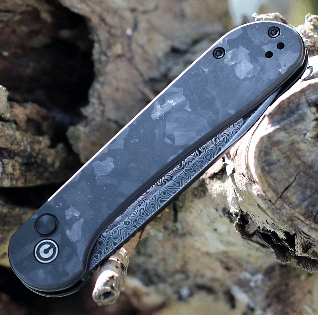 CIVIVI Button Lock Elementum-Blk Marble CF (3.47" Damascus) C2103DS-3 4 CIVIVI Button Lock Elementum-Blk Marble CF (3.47" Damascus) C2103DS-3 - Image 4